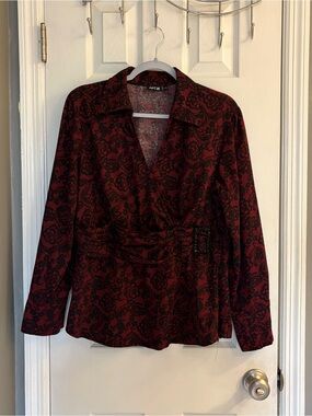 Apt. 9 women's long-sleeve blouse burgundy & black floral/paisley print Size L.